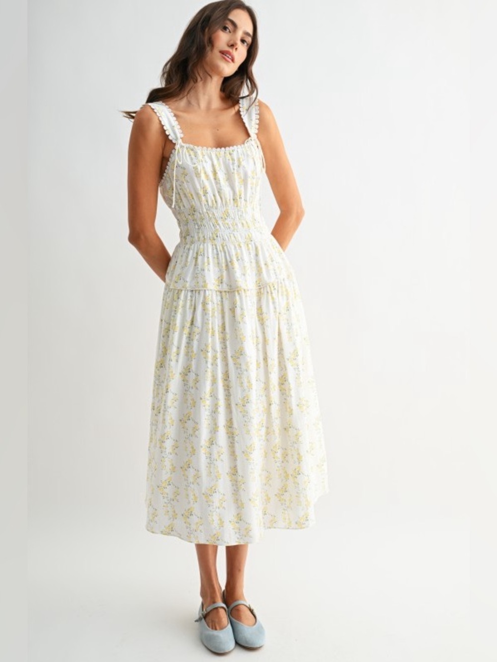 Camellia Smocked White Midi Dress with Yellow Floral Print
